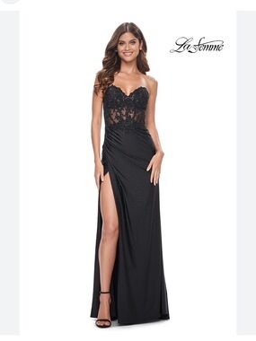 La Femme Black Strapless Lace Bodice Evening Gown with High Slit
